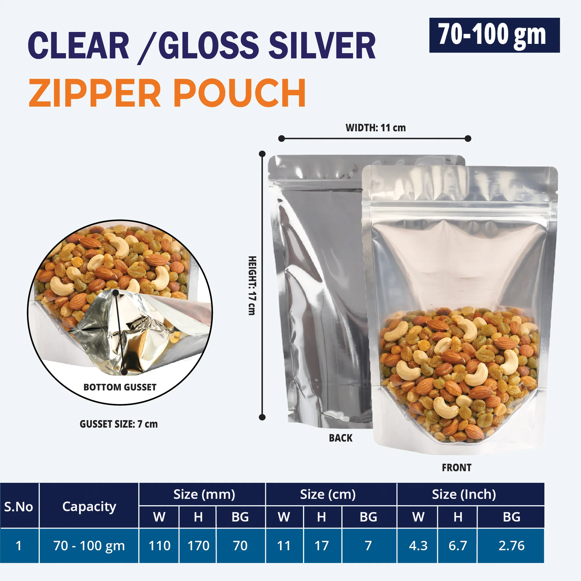 Clear /Gloss Silver Stand Up Zipper Pouch - Image 11