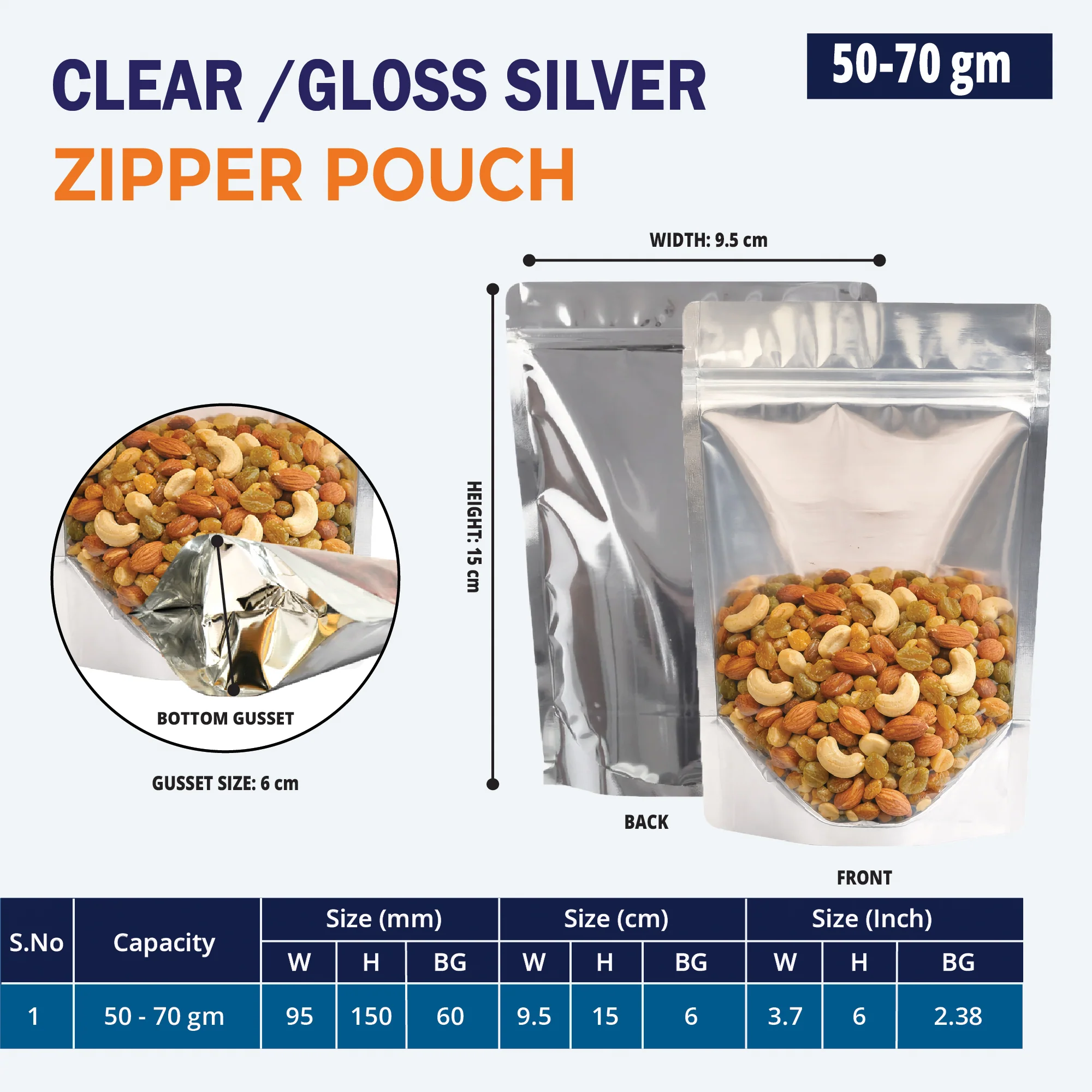 Clear /Gloss Silver Stand Up Zipper Pouch - Image 3